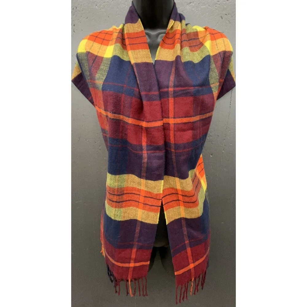 Lands End Scarf Wrap Shawl Multicolor Plaid Fringe Soft Preppy Cottage Lagenlook